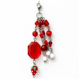 Red Strawberry Charm - Beaded Bag Charm Keychain & Zipper Pull